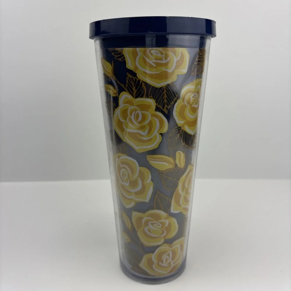 Starbucks Coffee Texas Yellow Navy Rose Flowers‎ 24oz  Tumbler Mug - No Straw